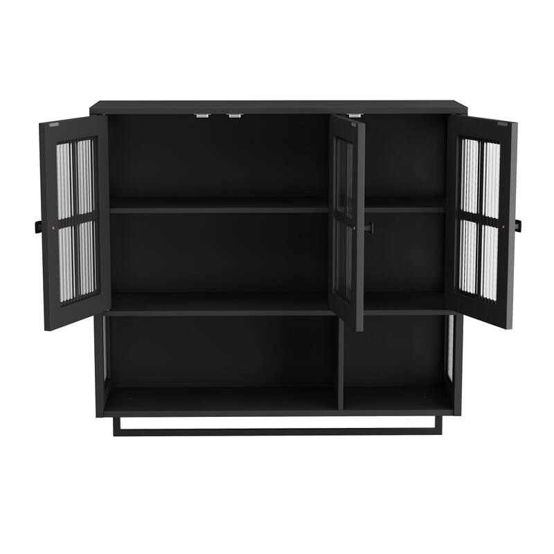 3-Door Wall Cabinet with Fluted Glass & Towel Bar, Modern Storage Solution