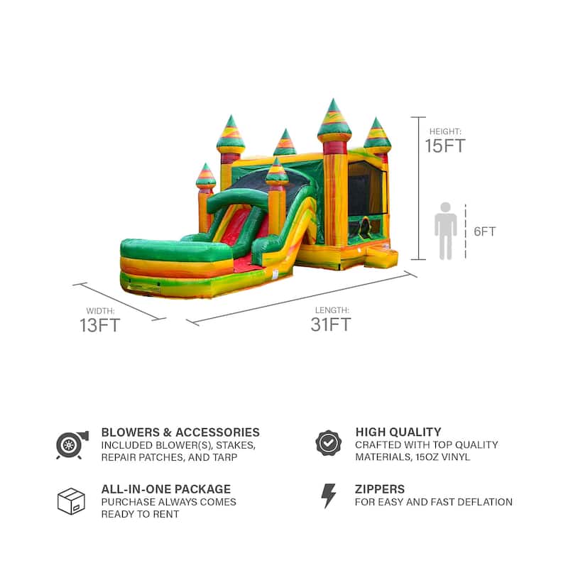 JumpOrange Fiesta Commercial Grade Bounce House Water Slide Combo with Attached Pool & Air Blower, Outdoor Inflatable Kids Play