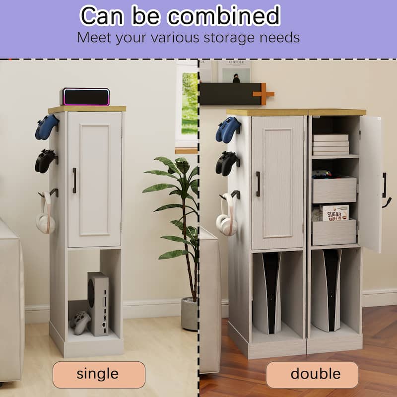 Anmytek Slim Antique White Game Console Storage Cabinet with 2 Drawers & 3 Hooks, AV Media Stand for PS5 Xbox
