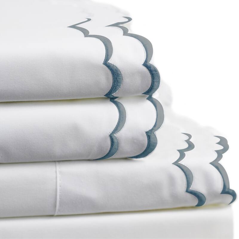 Percale Cotton Double Scalloped Embroidered Crisp Sheet Set