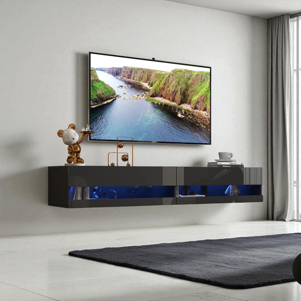 Wall Mounted Floating 80" TV Stand with LED Lights & Charging Station, Modern Media Console with Storage