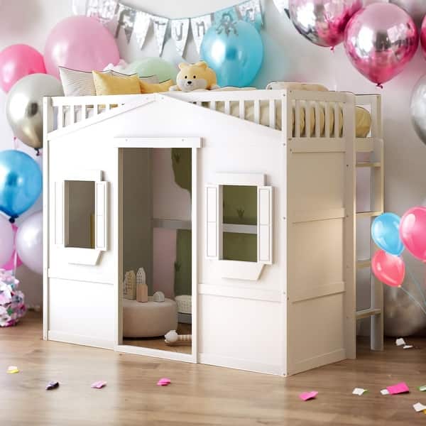 slide 2 of 9, Twin Size House Loft Bed With Ladder and Solid Construction for Home White