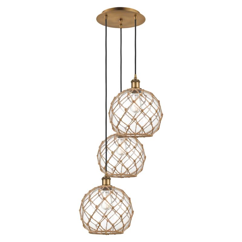 Innovations Lighting Endless Possibilities Ballston - Farmhouse Rope - 3 Light 17" Cord Hung Multi Pendant - Brushed Brass/Clear Glass with Brown Rope