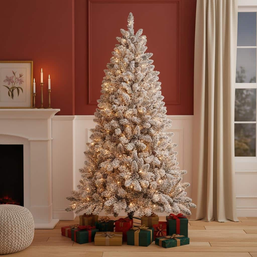 HomeRoots 7.5' White Pre Lit Full Flocked Fir Christmas Tree With Decorations - 57.00 in. x 90.00 in. x 57.00 in.