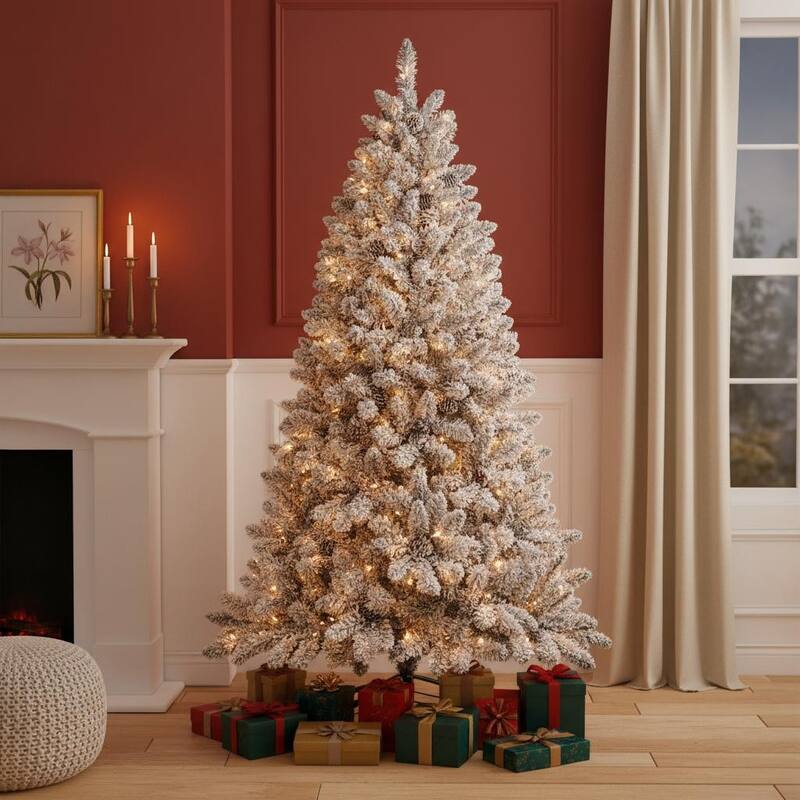 HomeRoots 7.5' White Pre Lit Full Flocked Fir Christmas Tree With Decorations - 57.00 in. x 90.00 in. x 57.00 in. - White - 7.5 Foot