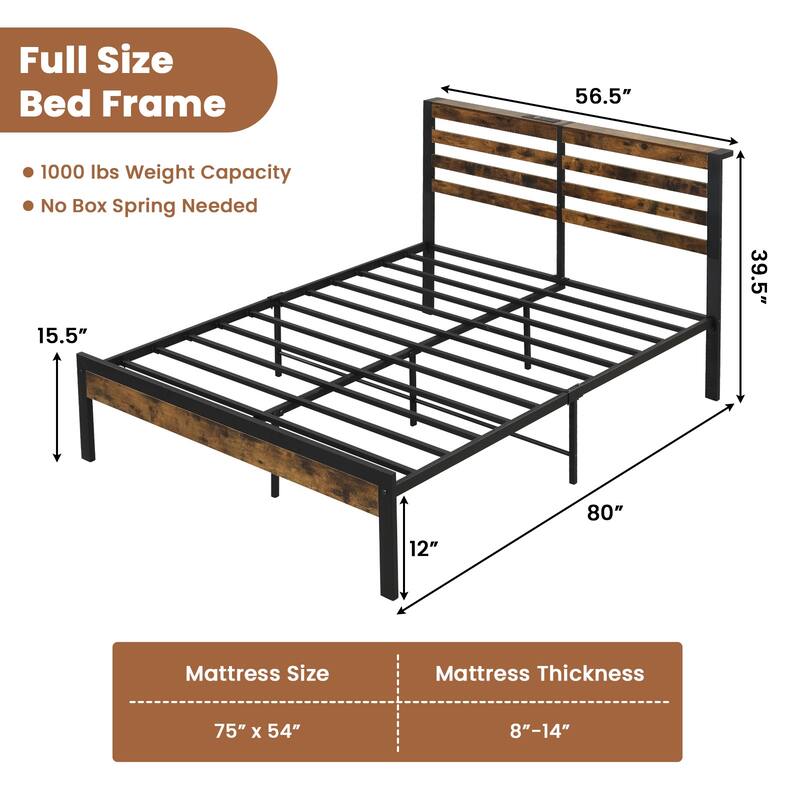 Bed Frame with Charging Station and Storage Headboard