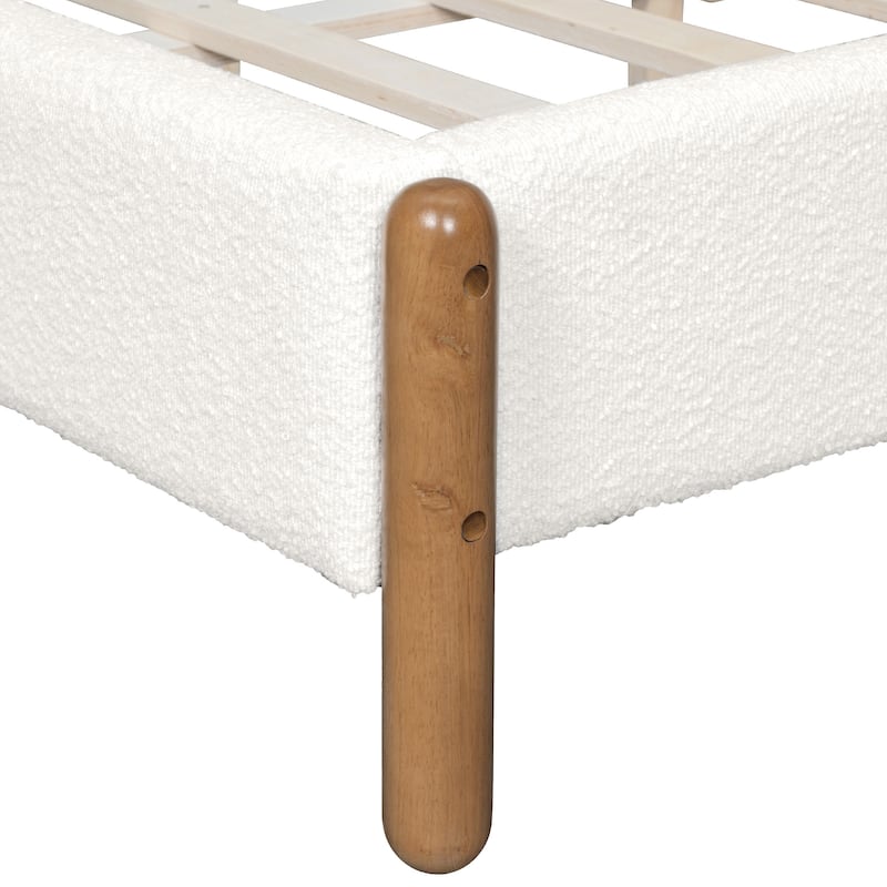 White Platform Bed Boucle Upholstered Bed with Oval Bed Legs, Wood Slat Support Low Profile Bed Frame Center Support Legs