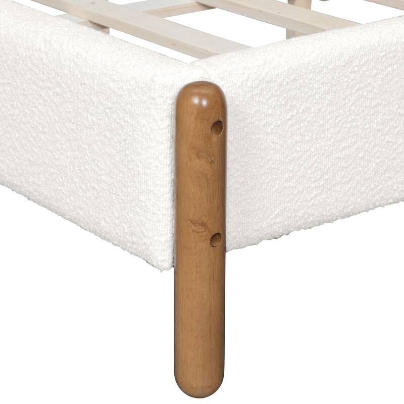 White Upholstered Fabric Bed Frame Platform Bed with Vertical Channel Tufted Headboard, Rubberwood Legs, No Box Spring Needed