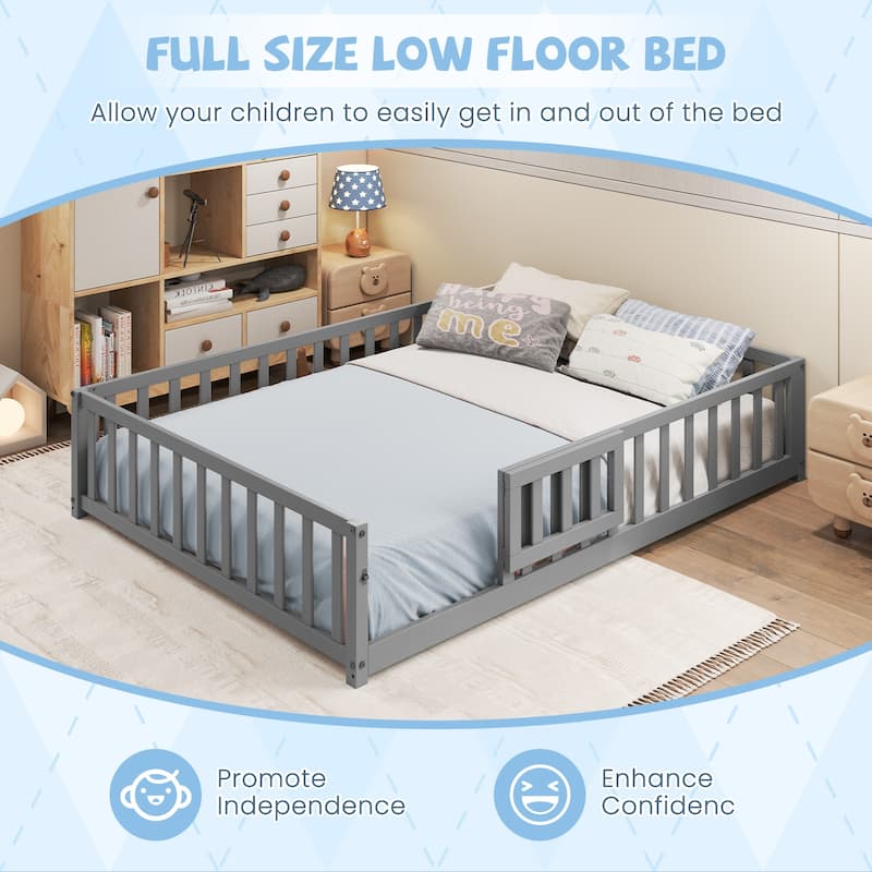 Montessori Floor Bed Frame with Full-length Guardrails Safety Door and Plywood Slats