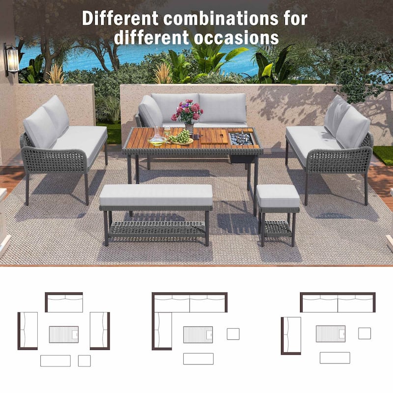 6-Piece Rope L-Shaped Patio Sectional Set For 9