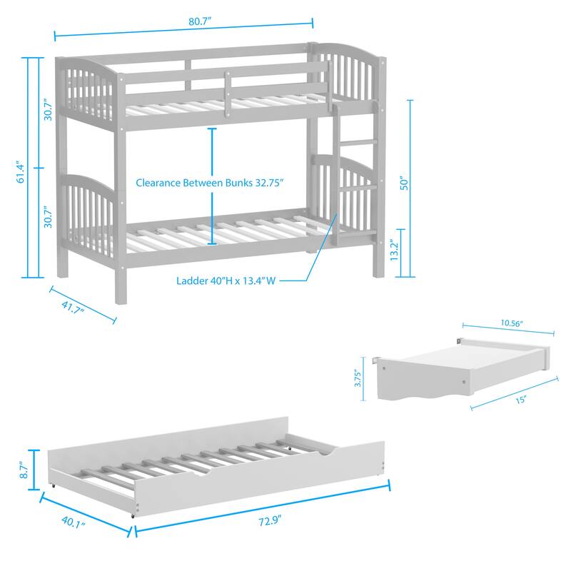 Arca Wood Twin Over Twin Bunk Bed, Hanging Nightstand, and Trundle