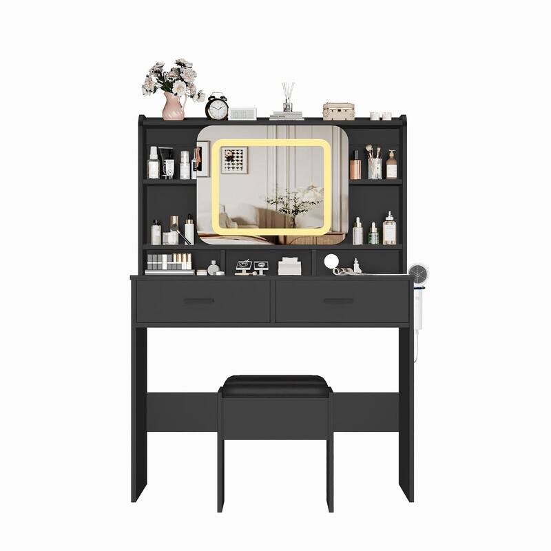 Vanity Desk with LED Mirror and Stool, Drawers, Storage Shelves, Charging Station