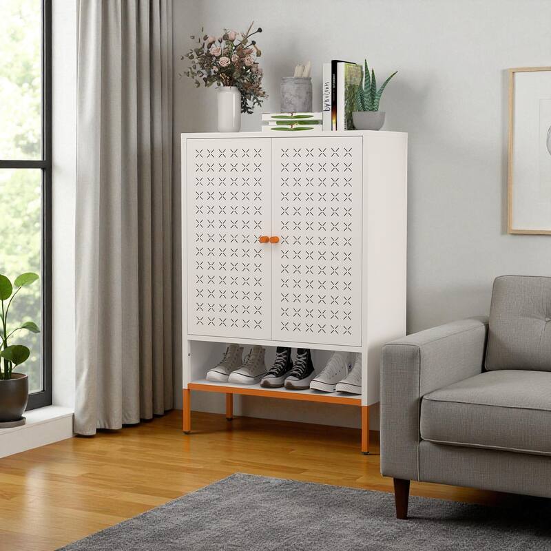 31.5" Metal Double Door Shoe Cabinet, Modern Freestanding Shoe Storage with Adjustable Shelves and 15cm Elevated Base