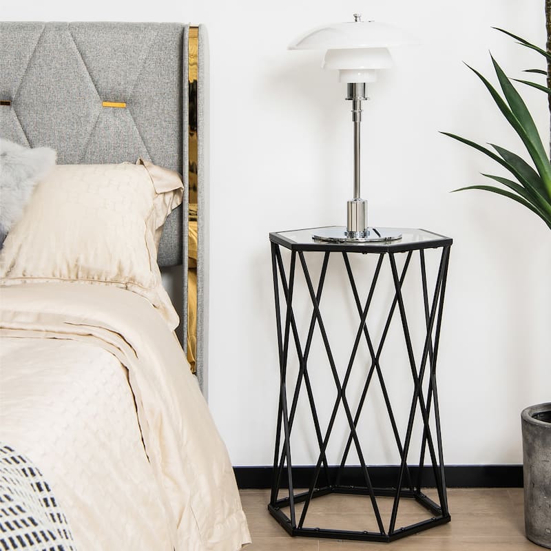 Costway End Table Tempered Glass Top Metal Frame Hexagonal Accent Side - 16''x 13.5''x 24''