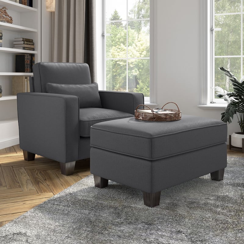 Bush Furniture Stockton Living Room Accent Chair with Ottoman Set - Charcoal Gray Herringbone Fabric