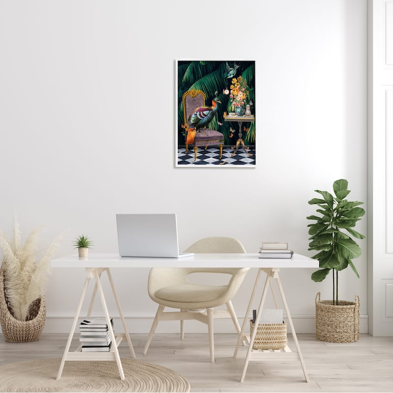 Stupell Regal Peacock On Chair Falling Palm Fronds Framed Wall Art - Green