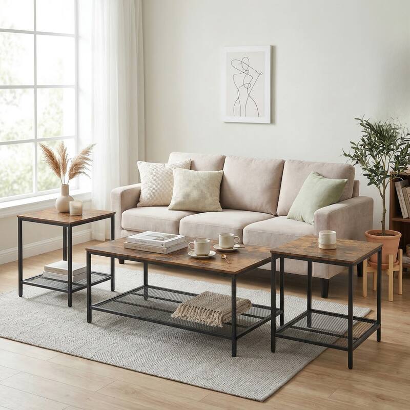 FurnitureR Industrial 3-Piece Coffee Table Set with 2 End Tables, Metal Frame Living Room Table Set