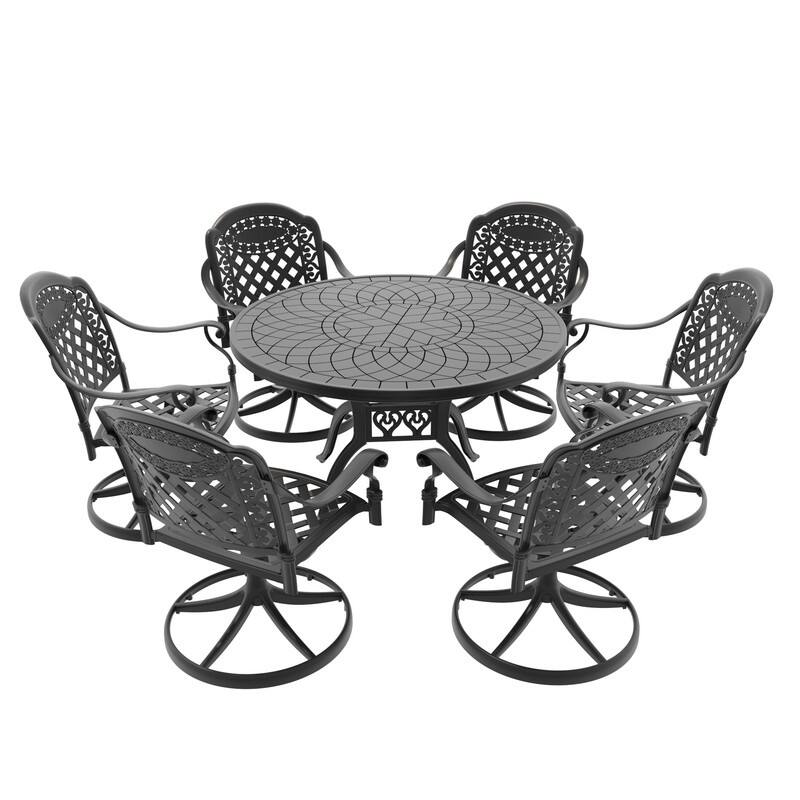 7-Piece Aluminum Round Outdoor Patio Dining Set, 6 Cushioned Swivel Chairs, Table, All-Weather Frames