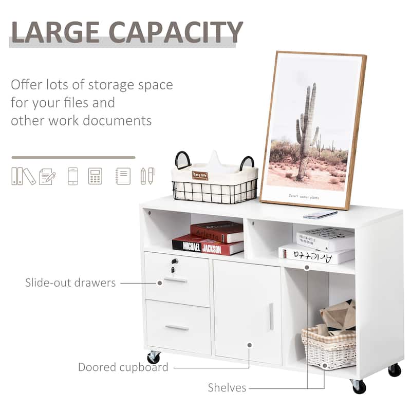 White Rolling Printer Stand with Storage Cabinet Drawers and Open Shelves for Home or Office - 39.25" L x 13.75" W x 25.5" H