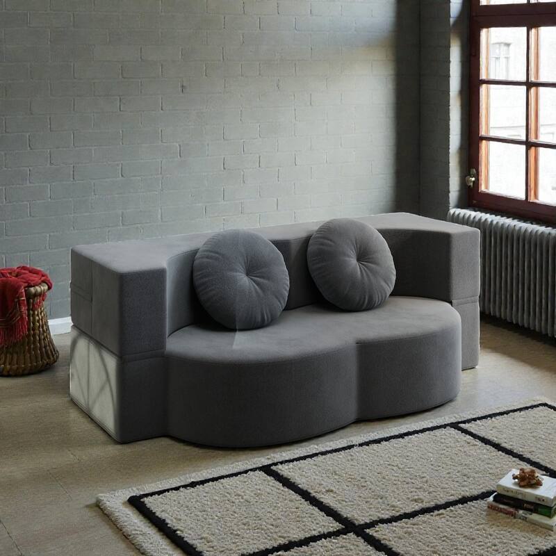 Convertible Floor Sofa Bed with 2 Pillows, Plush Corduroy Foam-Filled Folding Mattress, Full Size Sleeper, No Assembly Needed