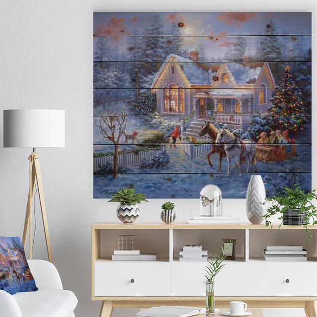 Designart 'Christmas Eve Family coming home in sleigh' Print on Natural Pine Wood - Blue