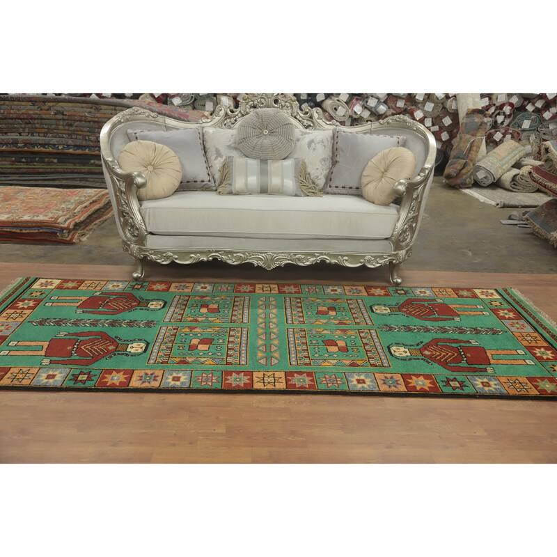 Hand-knotted Traditional Wool Green Geometric Oriental Area Rug - 10' 1'' X 4' 1''
