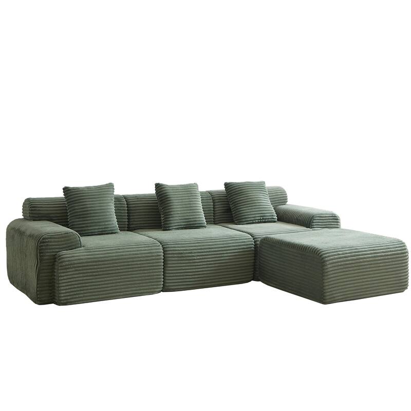 L-Shaped Modular Sectional Sofa with Ottoman, Corduroy Upholstered Boneless Couch, Deep Seat Sofa with Throw Pillows