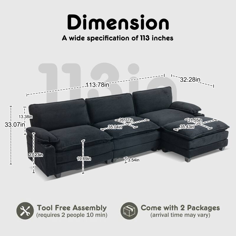 L-Shaped Modular Sectional Sofa with Ottoman, Oversized Corduroy Upholstered Cloud Couch with Cup Holders & Side Pockets
