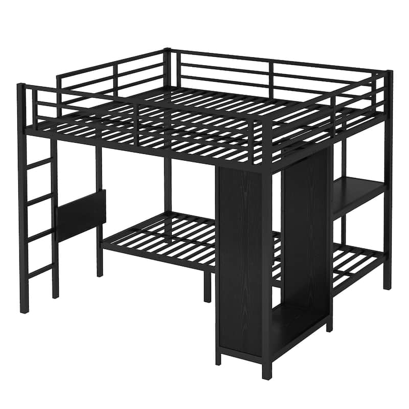 King Over Twin XL Size Bunk Bed with Built-in Wardrobe, Foldable Desk and Storage Shelf, Metal Frame with Guardrails
