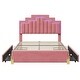 preview thumbnail 3 of 7, Pink Full Size Velvet Upholstered Platform Bed - 4 Drawers, 16 Colors & 4 Patterns RGB Lights, Irregular Metal Bed Legs
