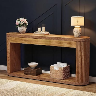 Industrial Fluted Console Table with Semi-Cylinder Supports 63” Narrow Entryway or Sofa Table with Adjustable Base Pads