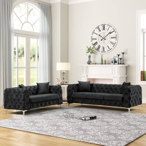Morden Fort Modern Contemporary Loveseat and Sofa Set with Deep Button Tufting Dutch Velvet, Solid Wood Frame and Iron Legs