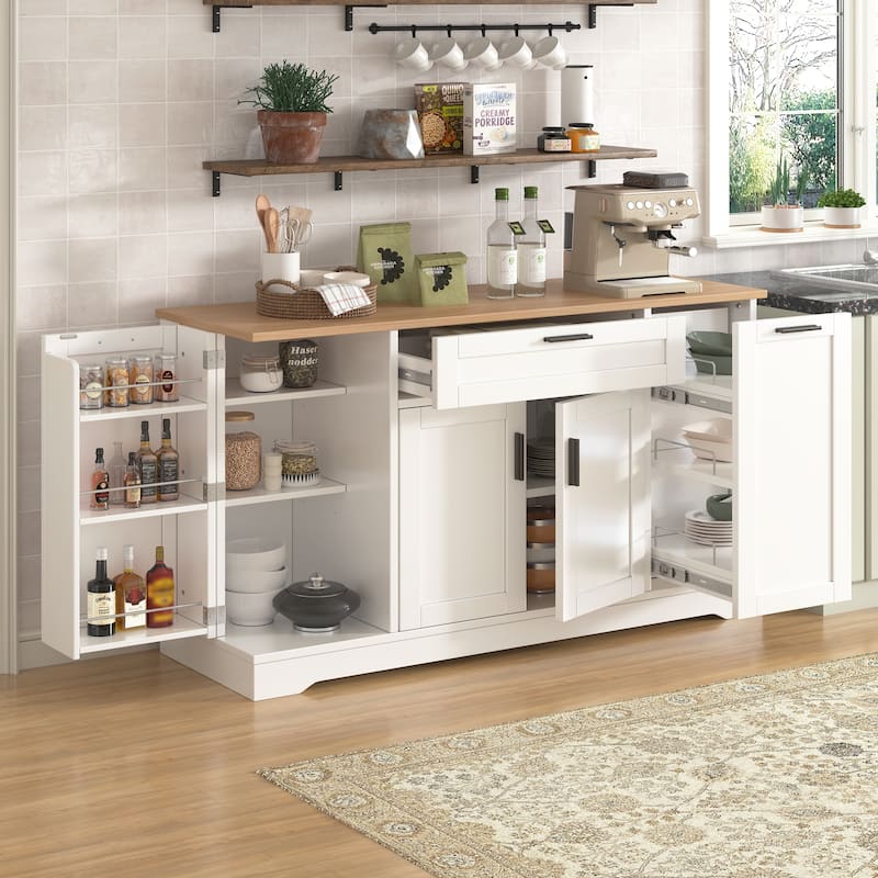Multi-Functional Kitchen Sideboard with Extendable Dining Table, Storage Cabinet with 3-Tier Pull-Out Rack - White