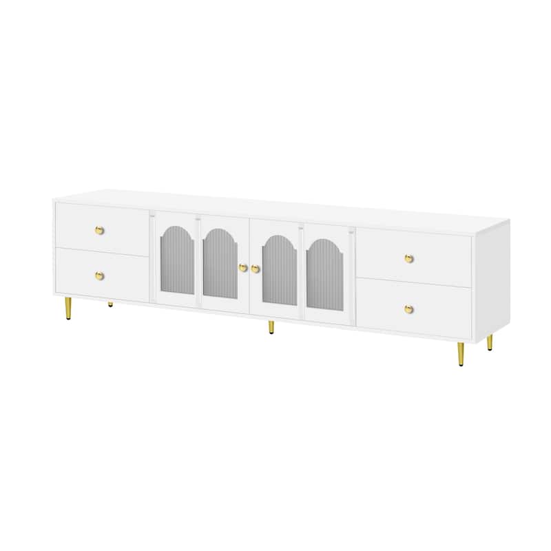 70.9" Glass Door TV Stand with Round Handle, Media Storage TV Console Table with 4 Drawers, 2 Cabinets for TVs up to 75''