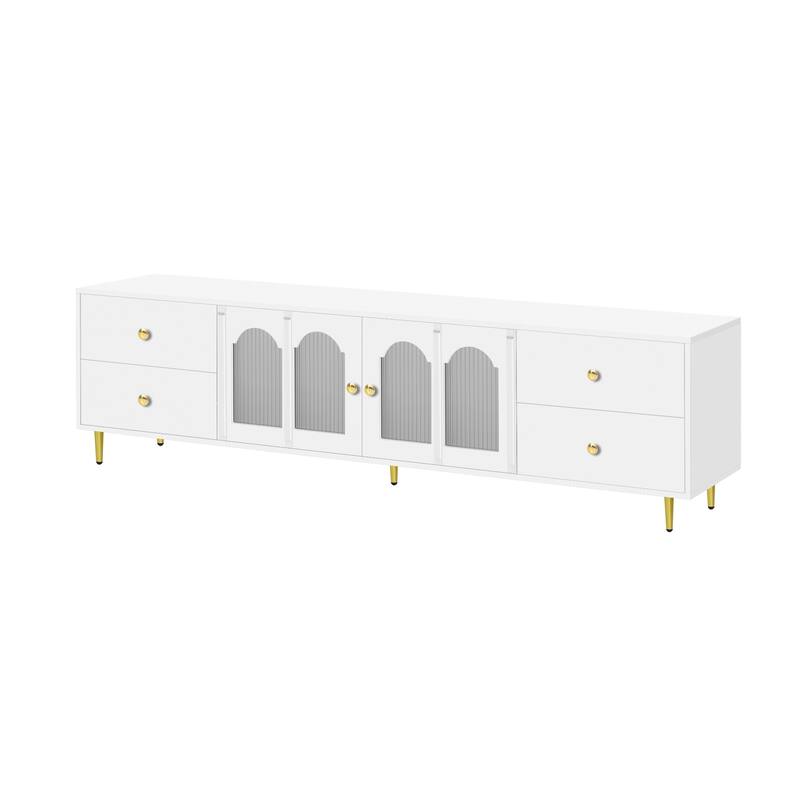 71" Modern TV Console with Glass Cabinet Doors, 4 Storage Drawers & Metal Legs, Media Entertainment Stand