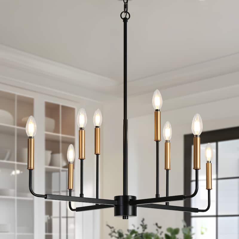 Modern 8-Light Black Gold Chandelier Classic Candle Lights for Dining Room - D 30.7" x H 90" Max