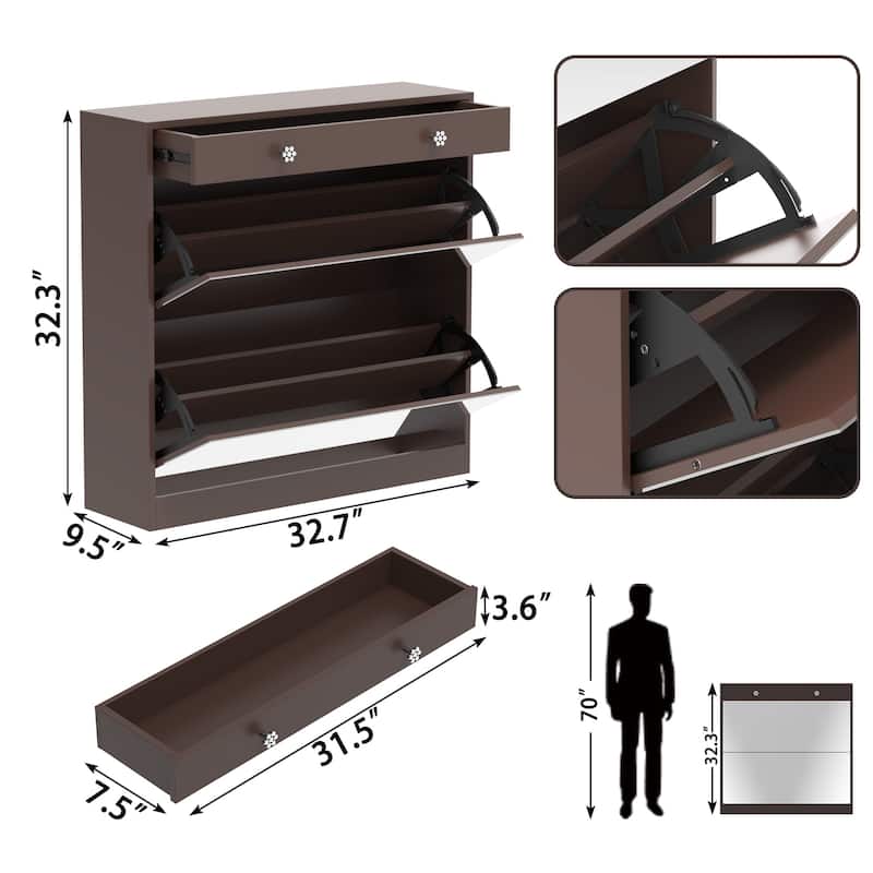 Mirror Shoe Cabinet with 2 Flip Drawers & Barn Door Design, Freestanding Shoe Cabinet Organizer with Drawer and Shelves