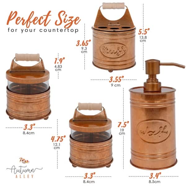 dimension image slide 2 of 3, Autumn Alley Bathroom Accessories Set 4 - Galvanized Farmhouse Soap Dispenser, Toothbrush Holder, 2 Apothecary Jars