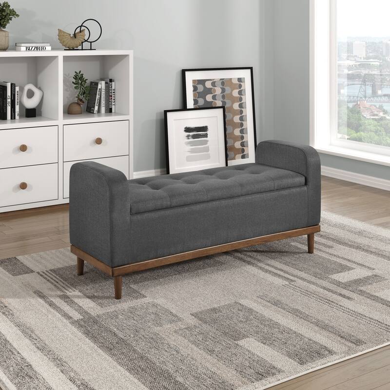 Mid-Century Modern Lift Top Storage Bench 1pc Tufted Gray Upholstered Solid Wood Walnut Finish Wooden Furniture