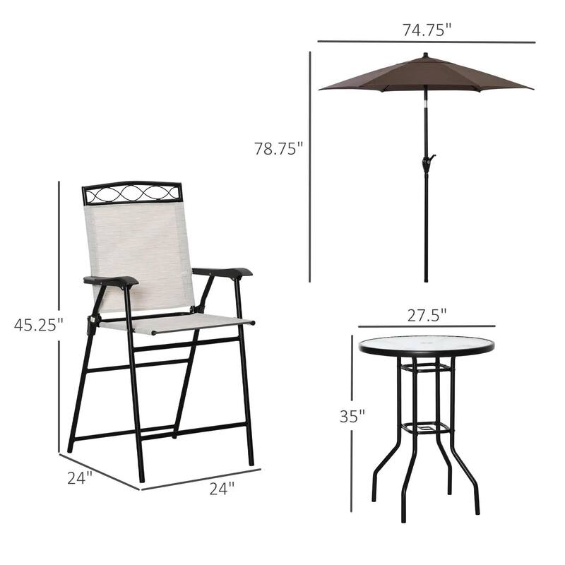 4PCS Patio Dining Set, Folding Chairs, Umbrella, Glass Table Outdoor