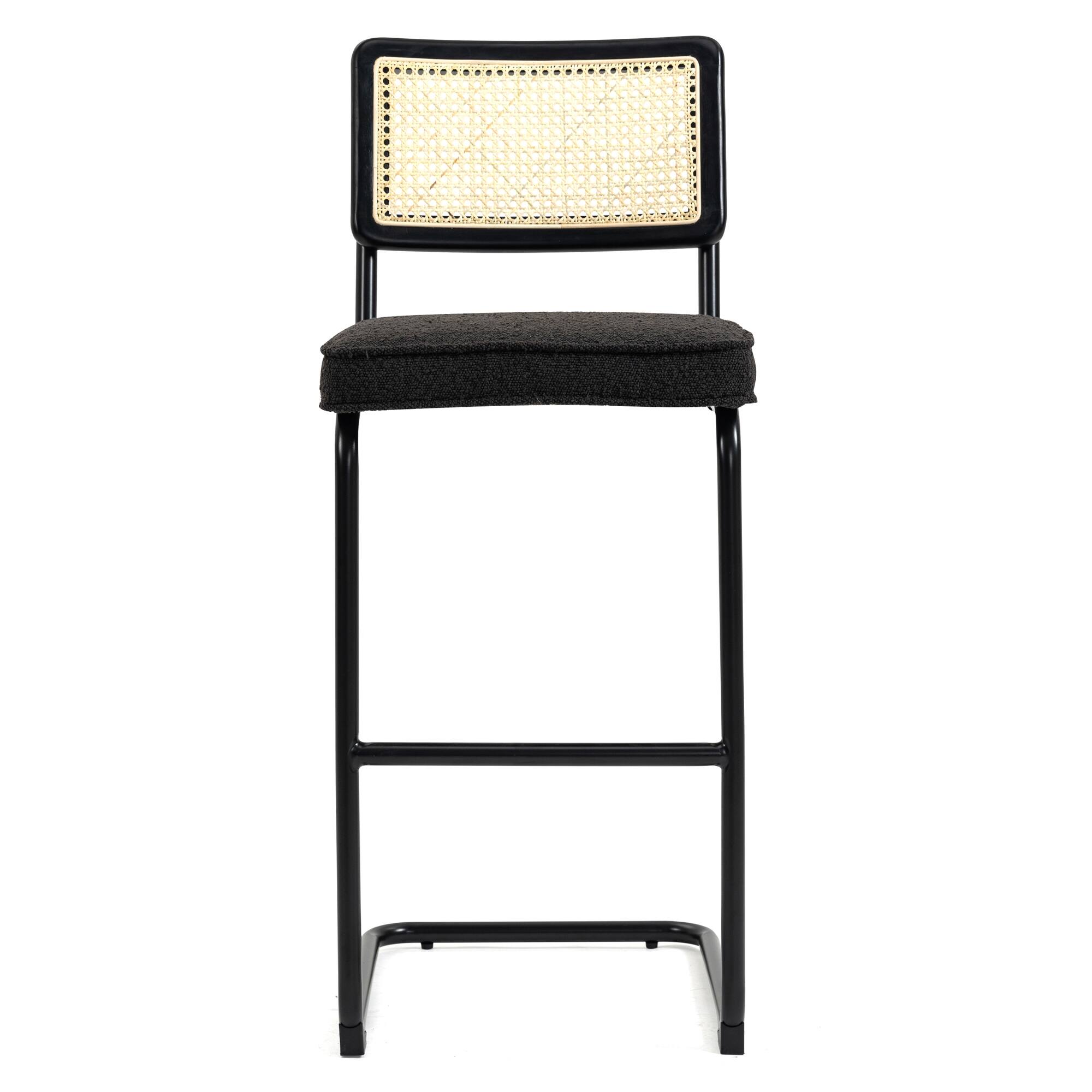 Set of 2 Ayo Black Fabric Bar Stool with Rattan Backrest and Black