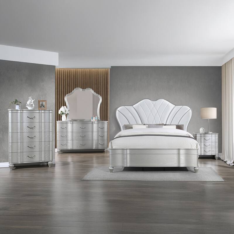 Eros King / Queen 4PC / 5PC Set including Upholstered Plush & Silver finishing collection - King - 5 Piece