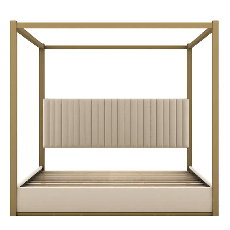 Canopy Bed, Low Profile Platform Bed with Striped Upholstered Headboard Wingback Bed Metal Four Poster Bed Frame, Grounded Bed