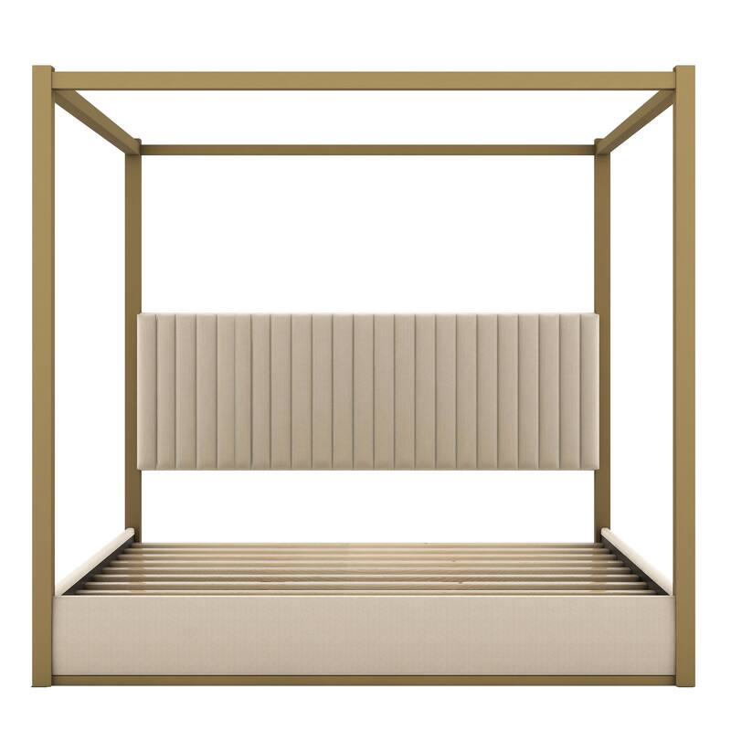 Roomfitters King Canopy Platform Bed with Velvet Upholstered Headboard, Metal Frame