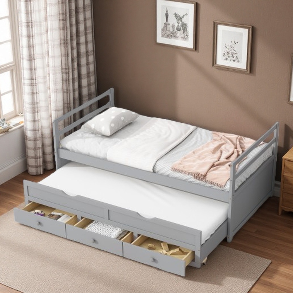 Twin Size Pine Wood Bed with Pull-Out Trundle, Three Storage Drawers, Headboard & Footboard, Space-Saving