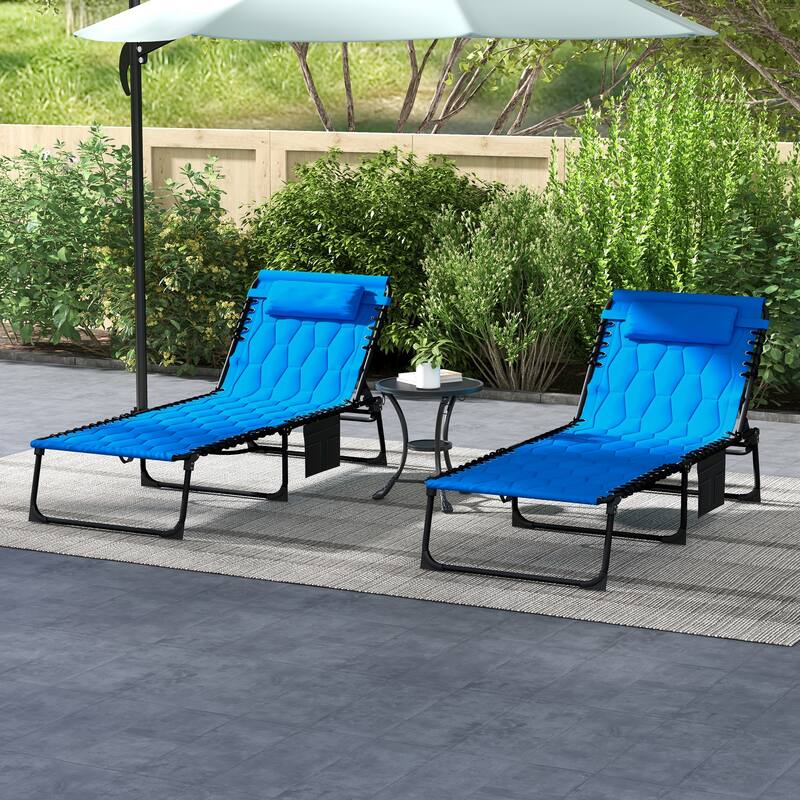 Folding Tanning Chair Set of 2, Outdoor Recliner Lounge Chairs with Pillow, Storage Pocket & Adjustable Backrest