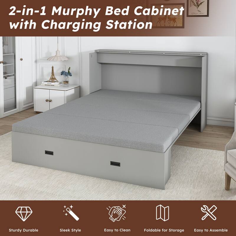 Full Size Murphy Bed, with Storage Drawers and Charging Cabinet, with Foldable Panels, with Swivel Wheels, Noise-Free