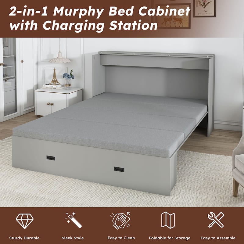 Hidden Folding Murphy Bed with Storage Drawers/Charging Station/Foldable Mattress/Full Size Mobile Cabinet Bed Frame/Noise-free
