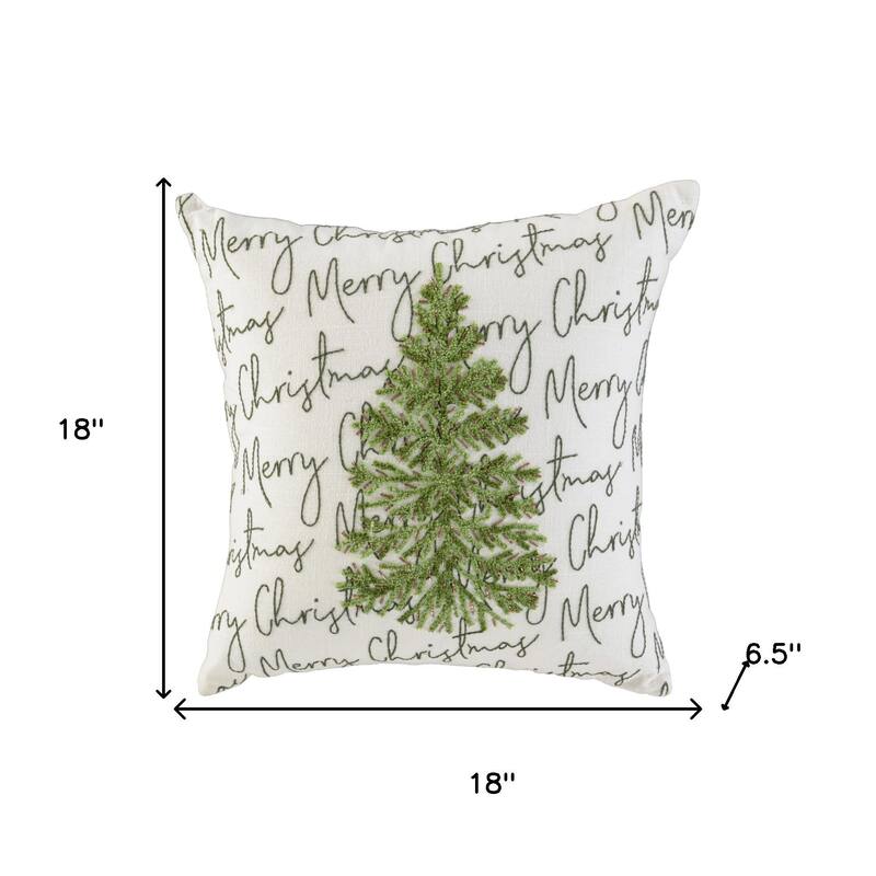 18" White And Green Cotton Merry Christmas Throw Pillow With Embroidery