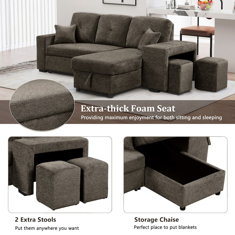95" Velvet Sectional Sofa with Storage Chaise and 2 Stools and Reversible L-Shape Sofa Bed